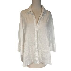 Zara 100% Linen White Button Down Shirt Size XL Relaxed Fit 3/4 Sleeve oversized